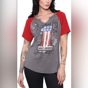 Harley-Davidson Women's #1 Embellished Short Sleeve Raglan T-Shirt with rhinesto